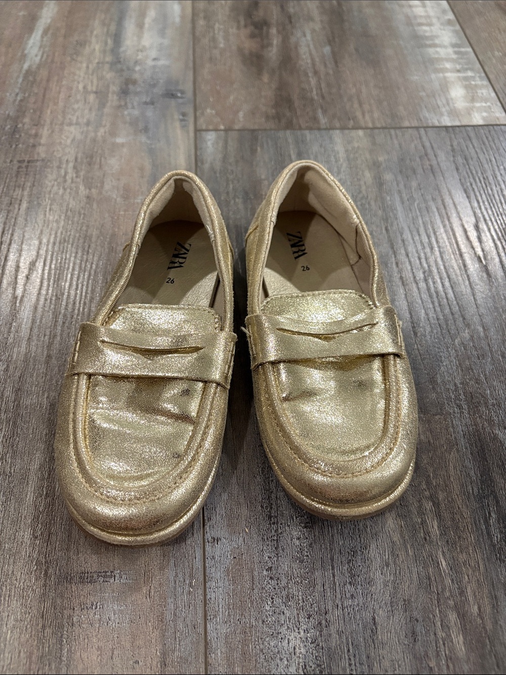 ZARA gold metallic shiny faux leather loafers slip-on shoes toddler girls 10